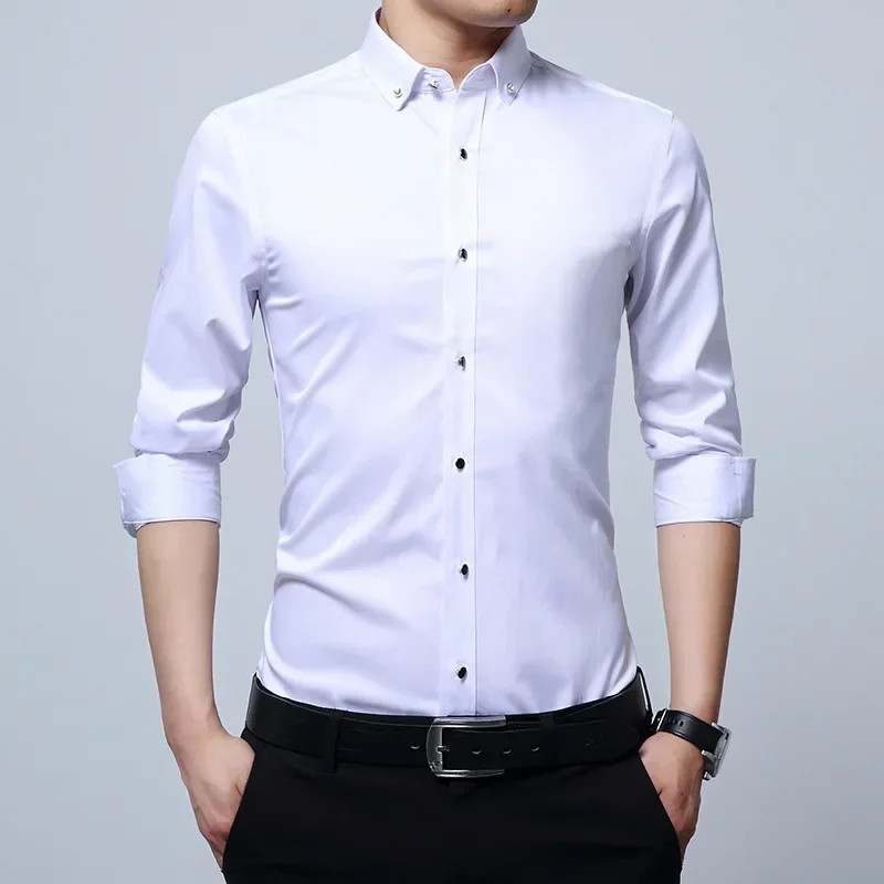 New Men\'s Long-sleeved Diamond Button-neck Business Solid Color Korean Version Slim-fit Professional Casual Short-sleeved Shirts