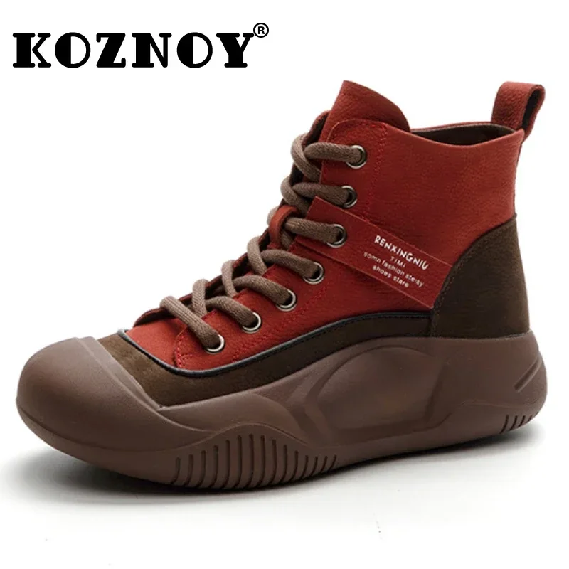 Koznoy buty z prawdziwej skóry kobiety 4cm krowa 2023 wiosna jesień okrągły nosk Moccassins kostka wypoczynek gumowe mokasyny wygodne buty płaskie