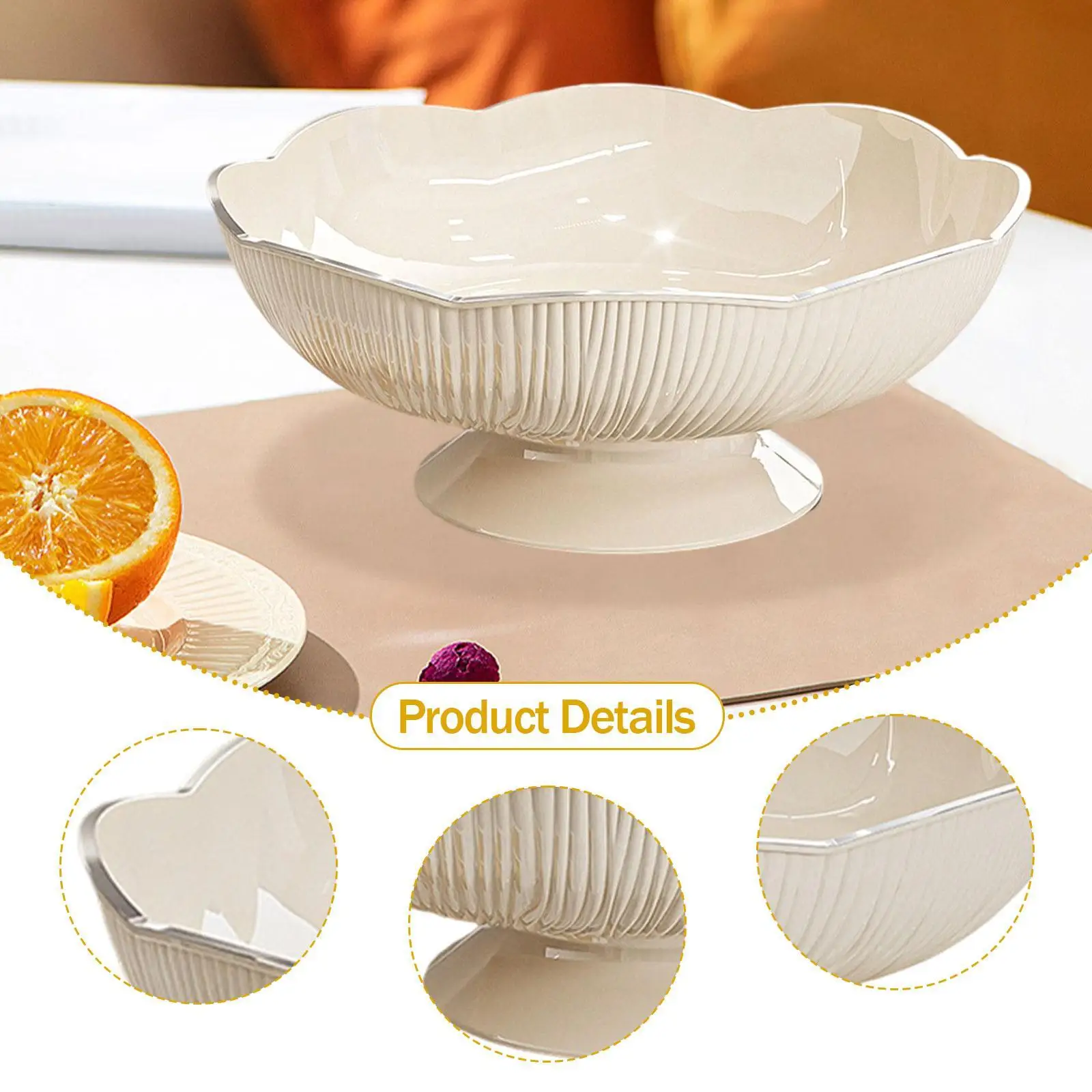 Large Bowl Cream White PP Fruit Bowl with Detachable Base Modern Decorative Table Bowl for Kitchen Counter