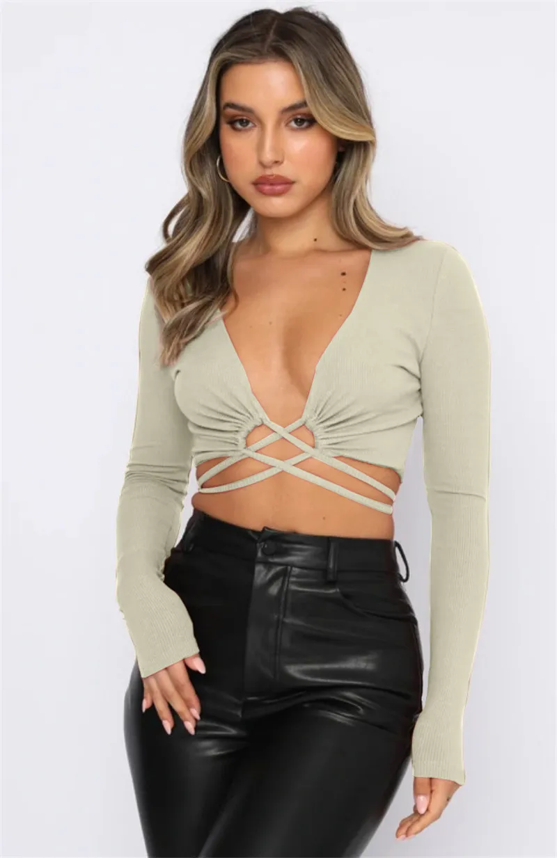 T-Shirt Skinny scollo a V profondo per donna Sexy Lace Up lavorato a maglia cachi Crop Top New Fashion Summer manica lunga Casual Bandage Y2K Shirt