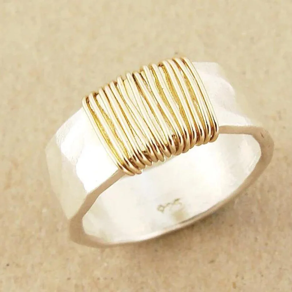 1pc Vintage Twine Geometric Coil Fashion Alloy Two Tone Gold Color Wide Face Ring Woman Men Party