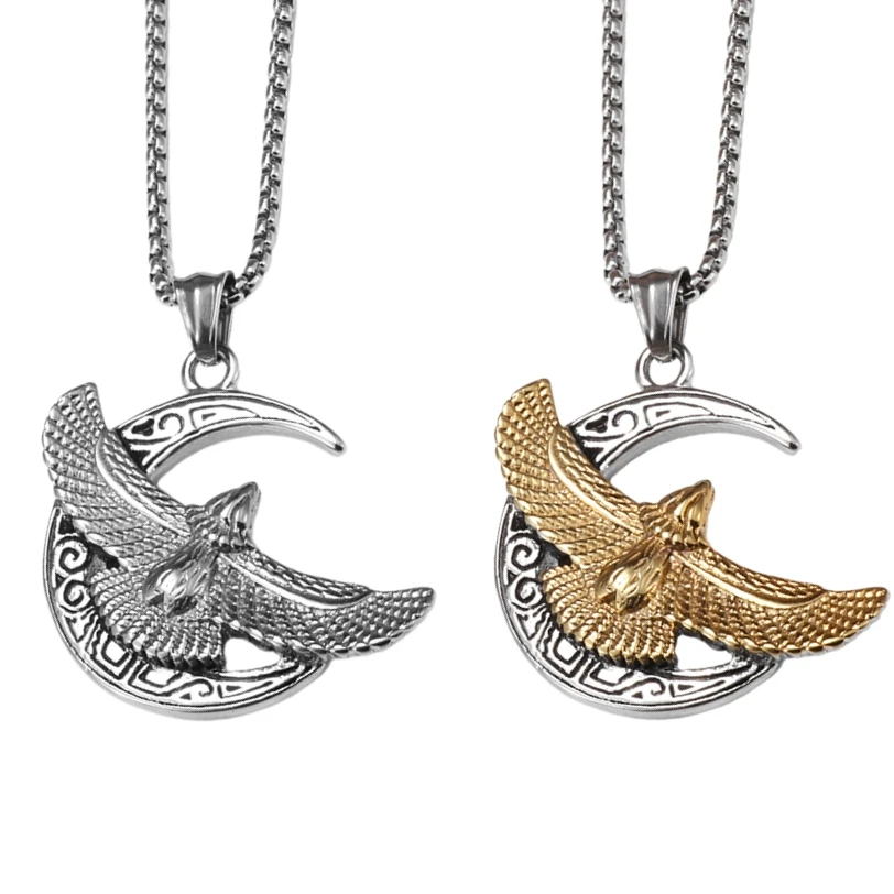 Beautiful Fashion Flying Eagle Moon Pendant Men\'s Domineering Locomotive Hip Hop Rock Party Animal Necklace Trend Jewelry Gift