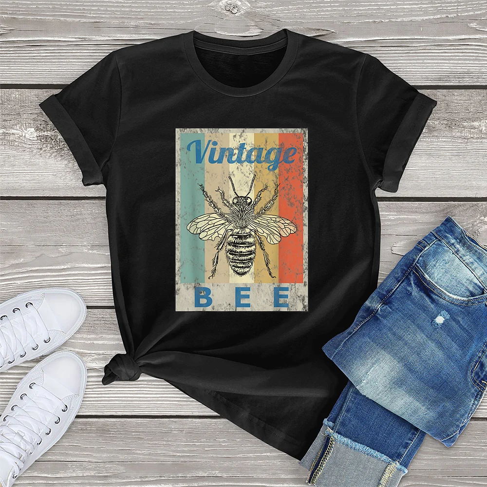 

FLC 100% Cotton Vintage Style Bee Queen Honey Beekeeper Beekeeping Clothing Gift Women Casual T-Shirt Printed Top Tee Oversized