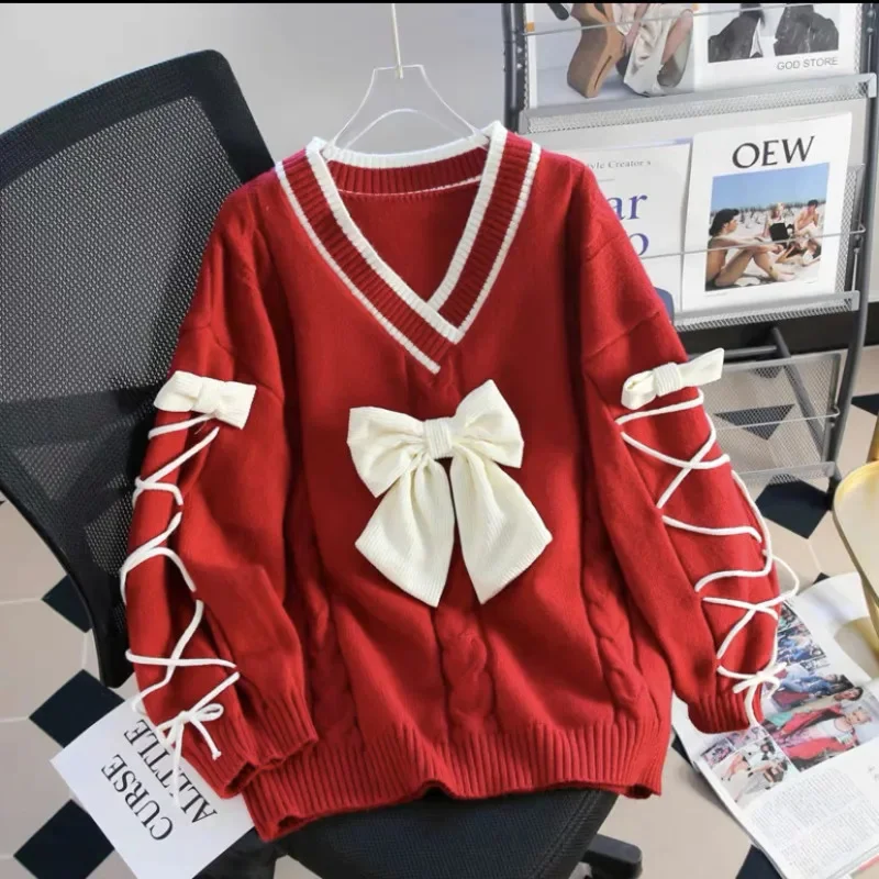 

Bowknot Y2k Sweater New Lace Up Oversize Cute Sweet Vneck Loose Knit Sweater Fashion Colour Matching Playful Lazy Style Knitwear