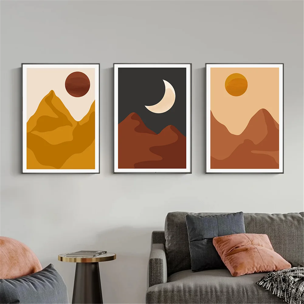 

Boho Sun and Moon Canvas Painting Abstract Vintage Poster Modern Landscape Art Print Geometry Wall Art Picture Living Room Decor