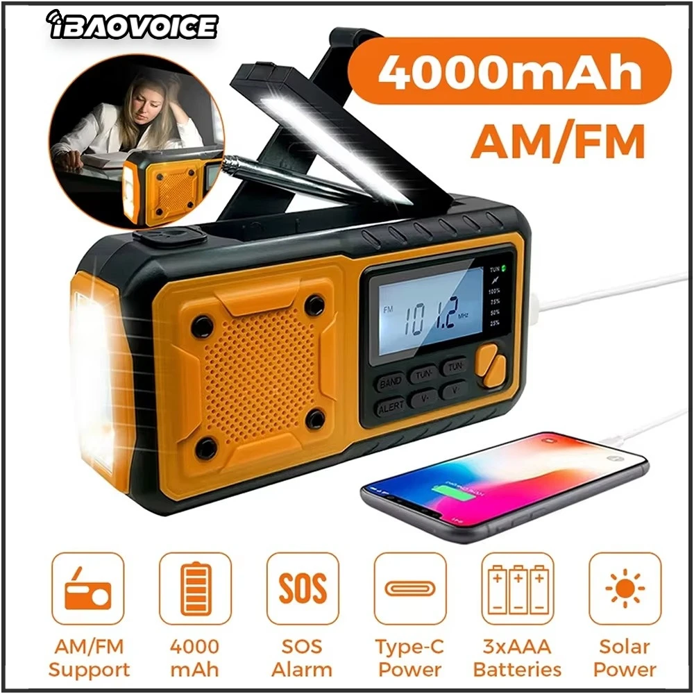 IBAOVOICE Radio portatile a energia solare per emergenze, con caricatore a manovella, radio AM/FM con indicatore del tempo, torcia LED per lettura, caricabatterie per telefono, power bank da