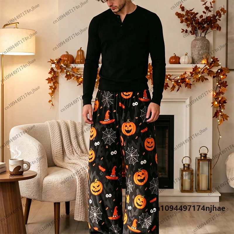 2026 Halloween Spooky Ghost Pumpkin Print Women‘s Pajama Trousers Autumn Winter Casual Flannel Pajama Pants Couple Long Pants