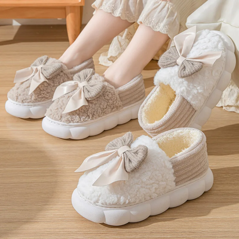 Bow cotton slippers new cotton shoes for women home autumn winter indoor warm moon cotton mop support winter