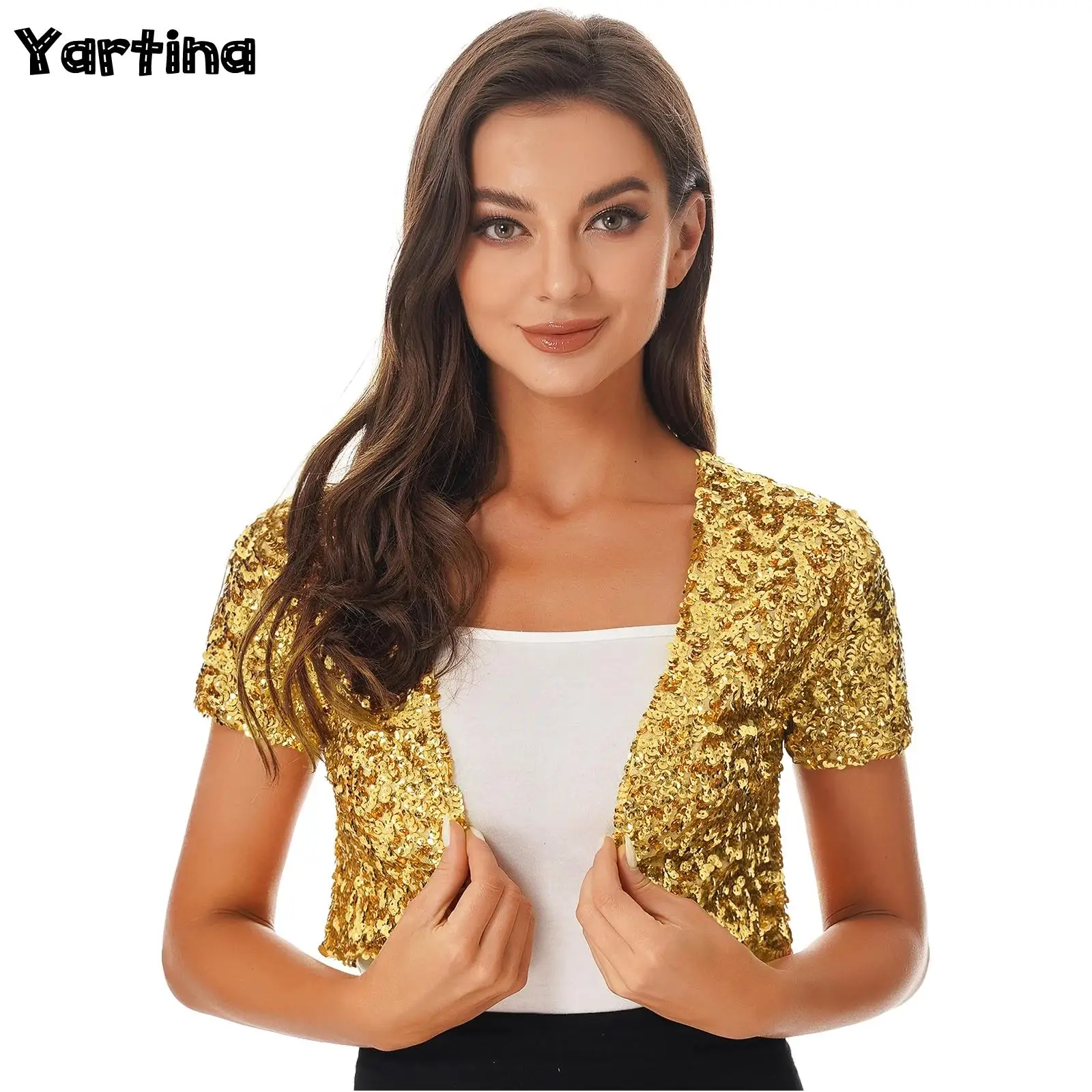 

Womens Shiny Sequin Outwear Shiny Cardigan Cropped Jacket Coat Glitter Waistcoat Party Clubwear Rave Festival Clubwear Costume