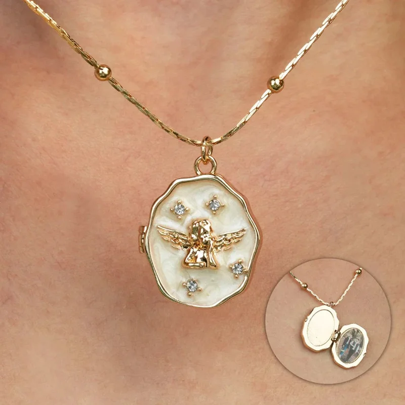 

Custom Photo Locket Necklace - Engraved Angel Wing Memorial Pendant - Personalized Picture Keepsake Jewelry Gift for Women