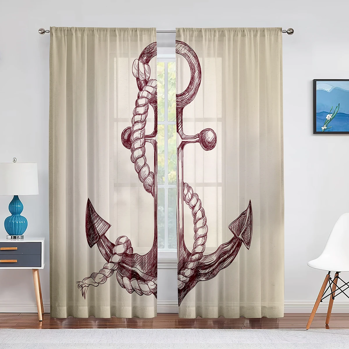 Nautical Anchor Rustic Grey Wooden Sheer Window Curtains Bedroom Modern Chiffon Drape Tulle Living Room Kitchen Voile Curtain