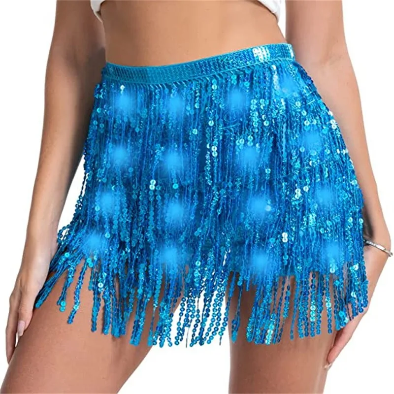 Light Up Hip Scarf Star Fringe Shiny Belly Dance Costume Accessories Led Rave Sequin Tassel Skirts for Festival Show Carnival
