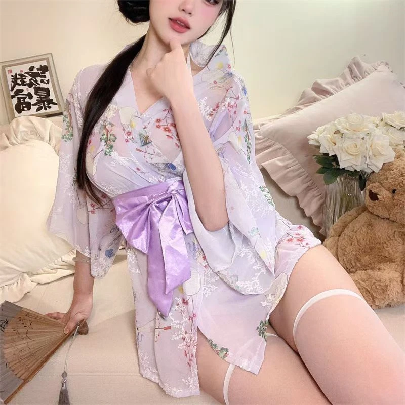 Super Sexy Japanese Kimono Pajamas See Through Hot Lingerie Yukata Bathrobe Homewear Seducing Dance Private Performance Costumes