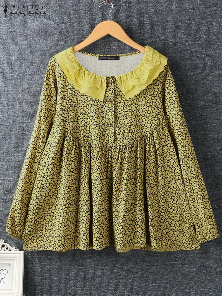 ZANZEA الخريف موضة المرأة الكورية الأزهار بلوزة مطبوعة 2025 تكدرت الرقبة قميص عطلة كم طويل بلايز عطلة ضفائر تونك #3