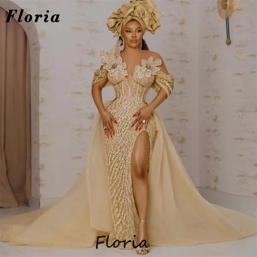 

Aso Ebi 2025 Вечерние платья цвета шампанского, расшитые бисером, открытое церемониальное платье, индивидуальная съемная юбка, африканское платье с кристаллами, свадебное платье