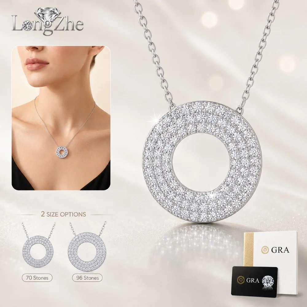 S925 Silver Moissanite Circle Necklace 70/96 Stones Round Pave Pendant 41-50cm Chain For Women Anniversary Gift Jewelry