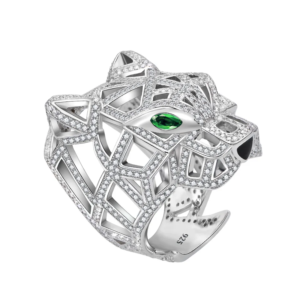 2023 New Versatile Leopard Head Ring with Exaggerated Personality and Micro Full Diamond Sterling Silver Jewelry