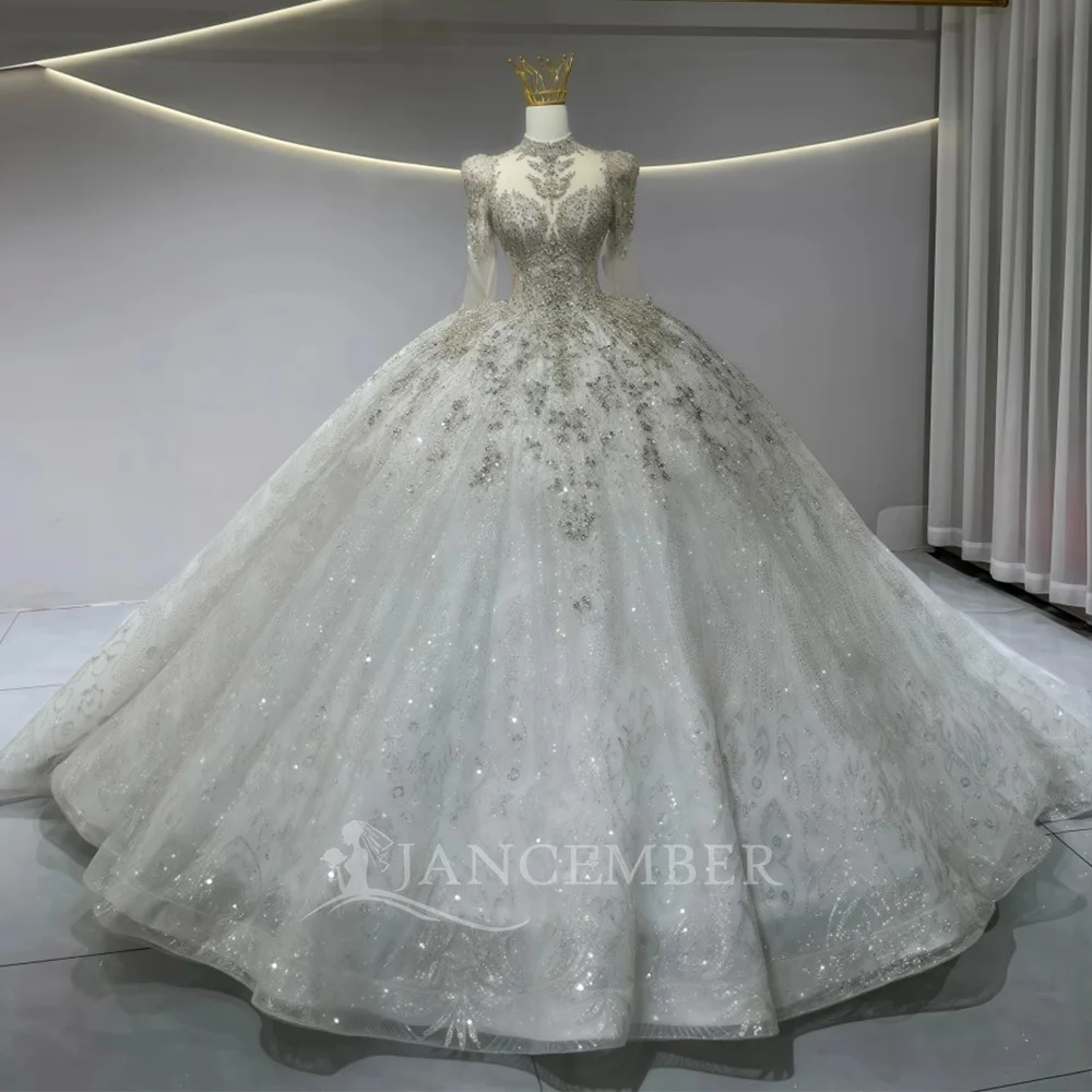 

Chic Wedding Dress With Illusion Long Sleeves Exquisite Beaded Customized Shiny Princess Customized Bridal Gown فساتين س