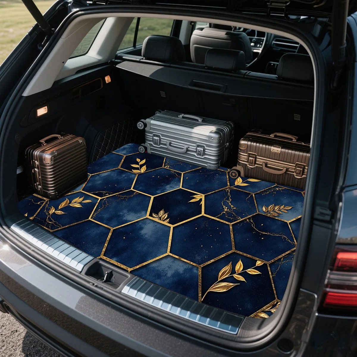 1pc Blue Hexagonal Trunk Mat With Golden Leaf Pattern - Suitable For Most Car Models, Measuring 29.53X39.37 Inches, Made Of Dura