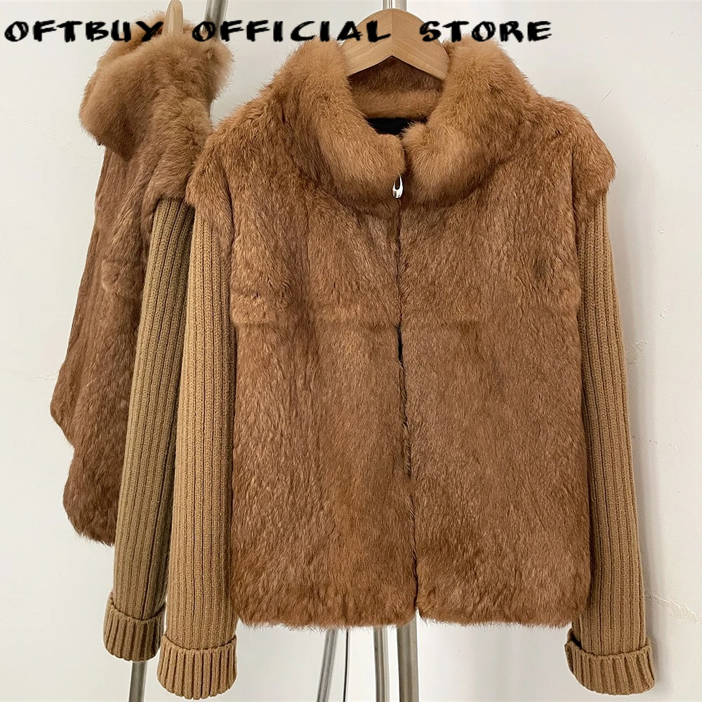 OFTBUY Women Winter Real Rabbit Fur Coat Fashion Knitted Patchwork Natural Fur Jacket Design Lapel Warm Outerwear Fashionable