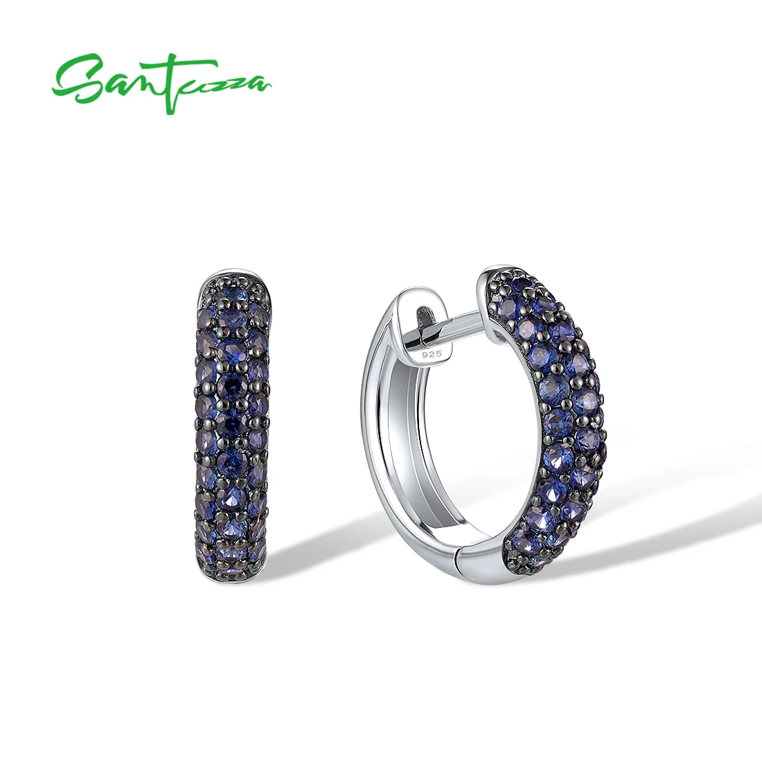 

SANTUZZA Authentic 925 Sterling Silver Hoop Earrings For Women Sparkling Created Blue Sapphire Fantastic Wedding Fine Jewelry