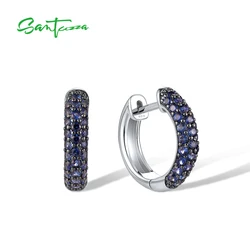 SANTUZZA Authentic 925 Sterling Silver Hoop Earrings For Women Sparkling Created Blue Sapphire Fantastic Wedding Fine Jewelry
