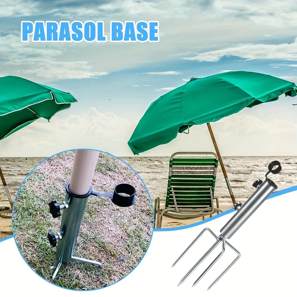 4 Nails Camping Umbrella Base with Hanging Hook Portable Beach Parasol Rod Stand Rust-proof Embedded Metal Ground Base Sunshade