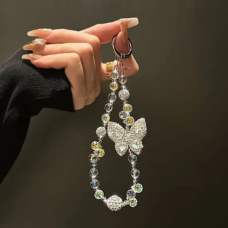 

New Luxury Laser Crystal Diamonds Butterfly Pendant Strap For iPhone Bag Key Accessories Girl Phone Chain Keyring Bracelet gift