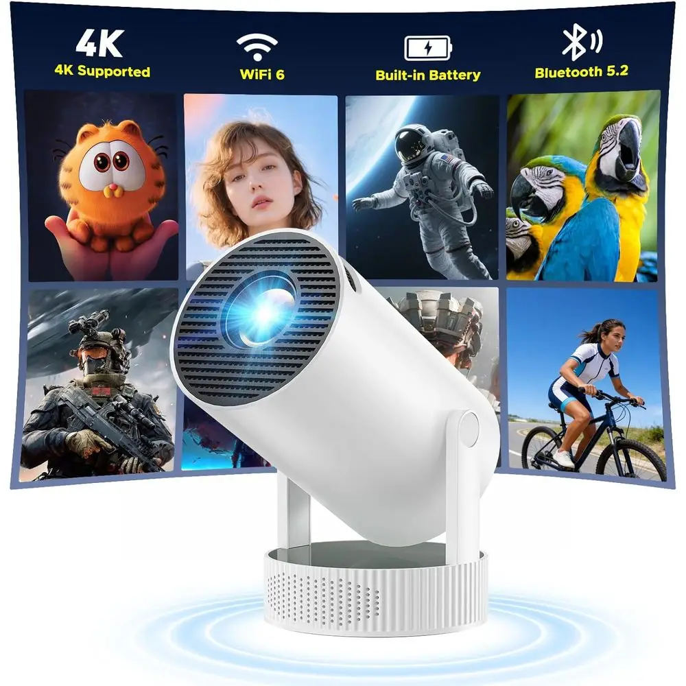 

Portable 4K Bluetooth Projector with Rechargeable Battery, Outdoor Movie Capable, Auto Keystone, 220° Rotation, Compatible with