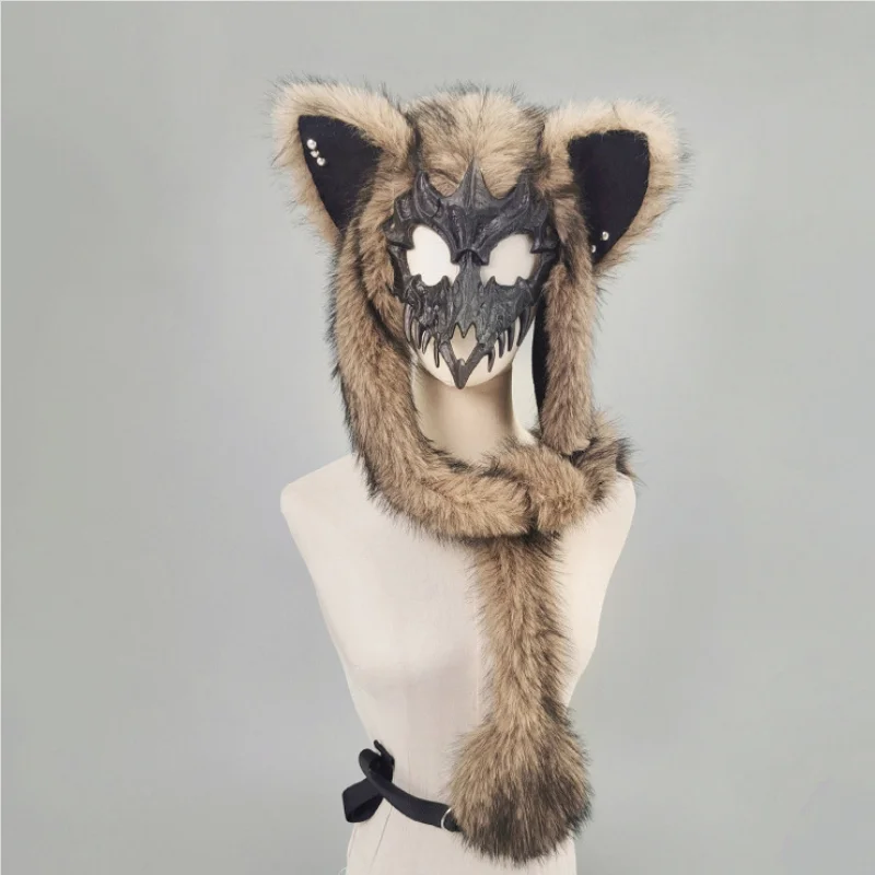 Gothic Punk Cat Ear Hat With Mask Cross Wing Chain Decoration Plush Warm Winter Cap For Alternative Girls Y2k Halloween