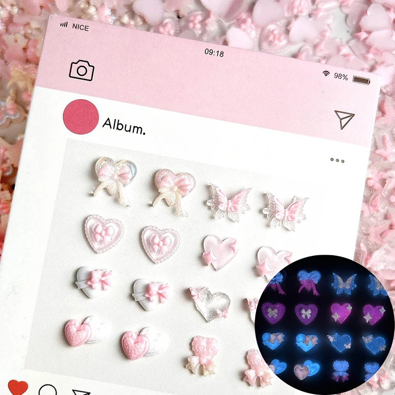 

50Pcs Pink Series Bow Heart Resin Nail Charms 3D Luminous Double Butterfly Peach Heart Sweet Wind Nail Art Decorations DIY Nails