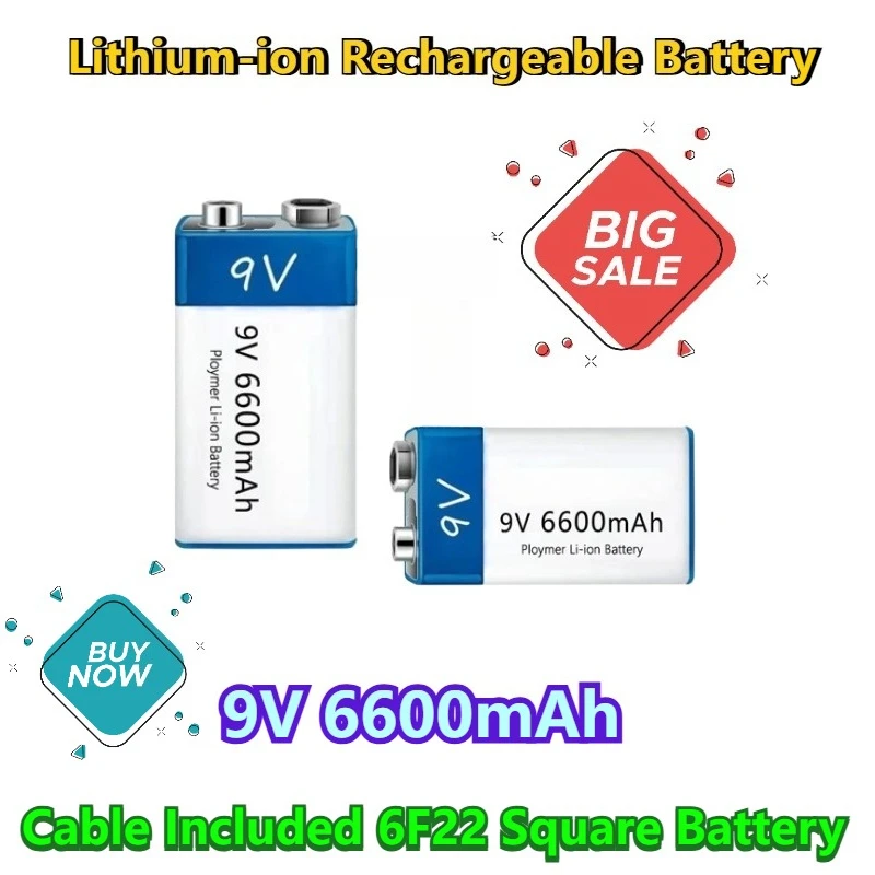 

6600mAh Lithium-ion Rechargeable Battery USB Charging with Cable Included 6F22 Square Battery