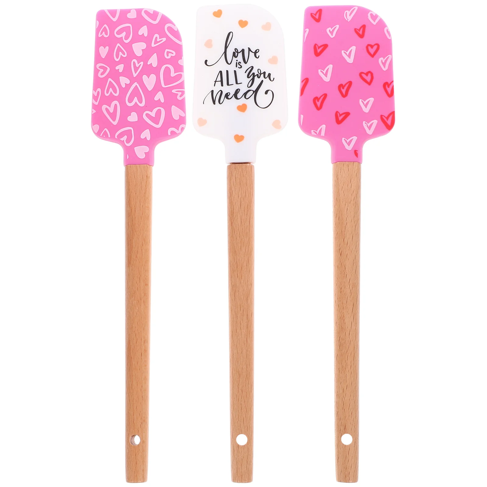 3 Pcs Valentine's Day Silicone Spatula with Wooden Handle Baking 3pcs Pink White Light Party Supply Flatware Long Cake