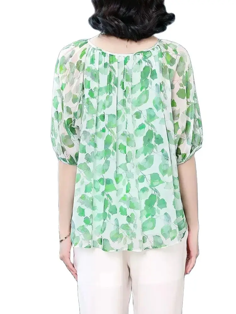 BirdTree 100%Mulberry Silk Shirt for Women, Chiffon O-Neck Half Sleeve Print, Loose OL Blouses, 2024 Spring New Tops T42313QM