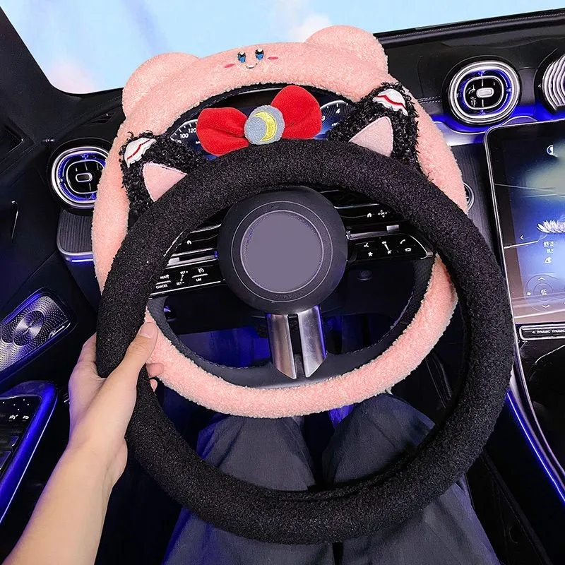 Steering Wheel Cover Women's Winter Lamb Velvet Cartoon Non-slip Sweat-absorbing Breathable Cute Ear Handle Cover Car Accessory