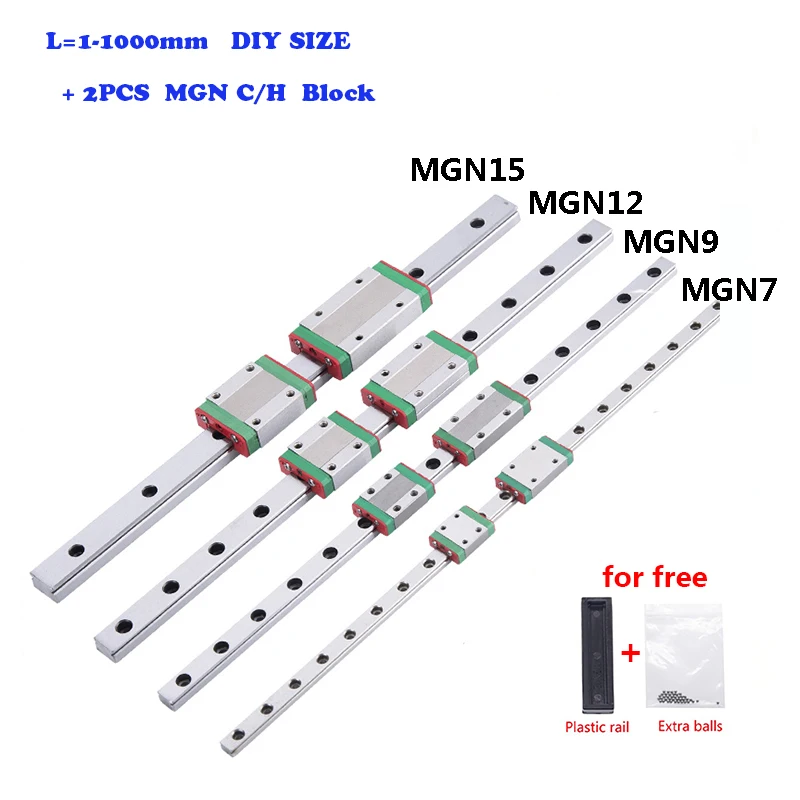 1Pcs MGN Series Miniature Linear Rail 100~1200mm + 2Pcs Guide Carriage MGN7 MGN9 MGN12 MGN15 Replacement Accessories for 3D Prin