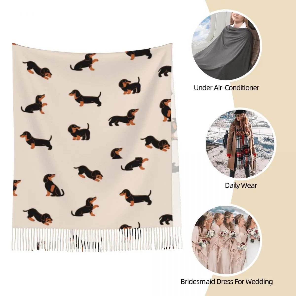 Women\'s Scarf with Tassel Cartoon Happy Dachshund Large Super Soft Shawl Wrap Dog Lover Gifts Cashmere Scarf