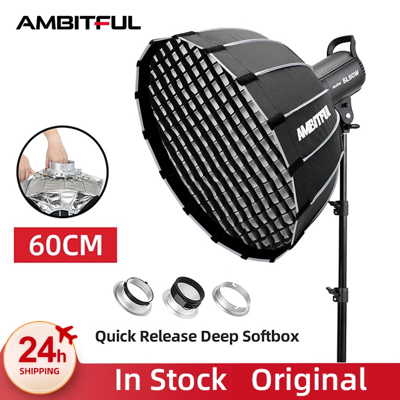 AMBITFUL Portable P60 60CM Quickly Fast Installation Deep Parabolic Softbox + Honeycomb Grid for Bowens  Elinchrom Flash