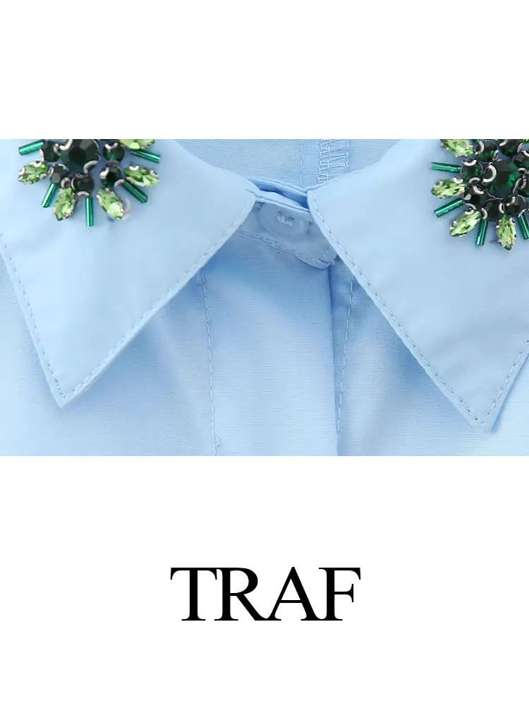 TRAF 2023 Autumn Women Fashion Blue Blouses Trend Lapel Jewelry Decoration Loose Shirt Woman Casual Streetwear Female Shirts