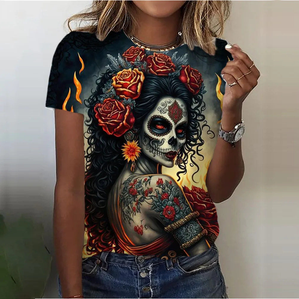 Women\'s T-shirt Funny Tee Shirts Girls Clothes Summer Skull Flowers Fashion Women Short Sleeve Lady Harajuku Tops T-shirts