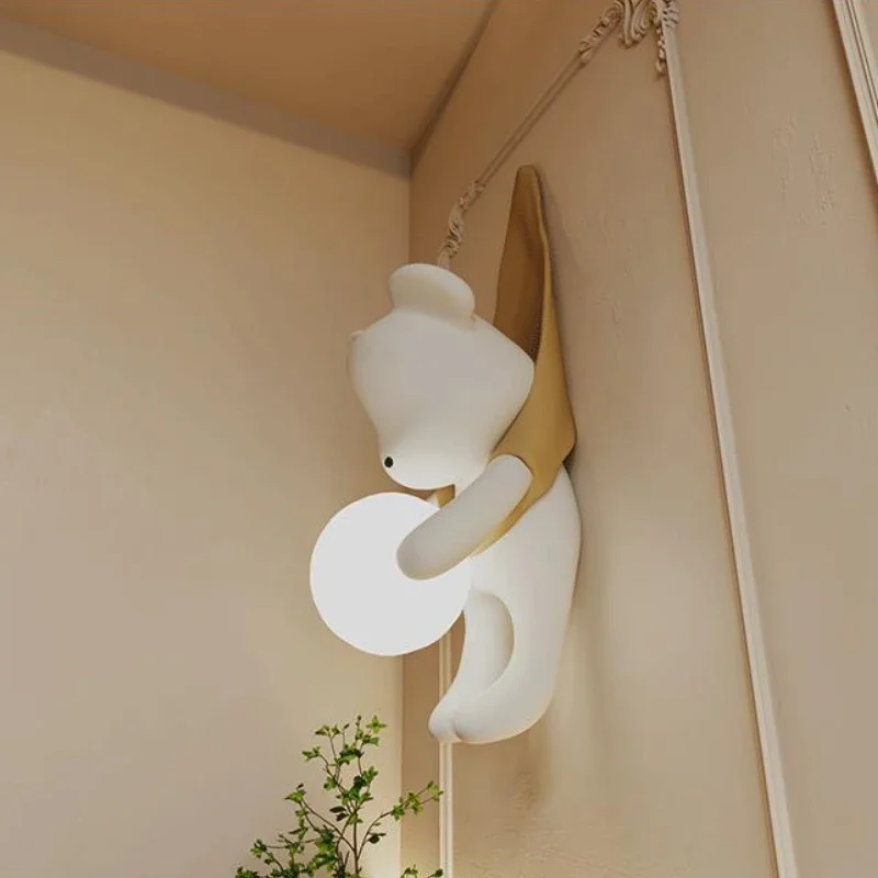 Nordic Resin Wall Lamp for Bedroom Bedside Lamp Cute Little Bear Design Children\'s Room Decoration Home LED Lighting Fixtures