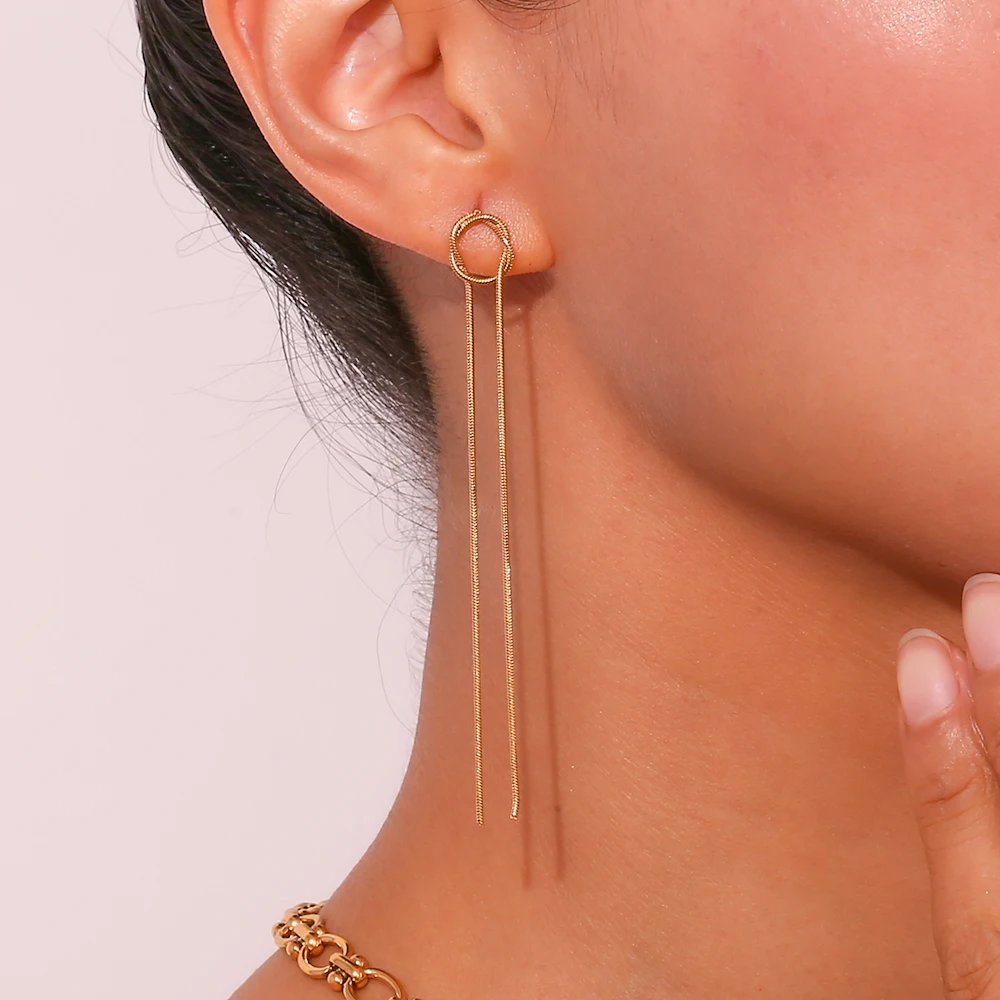 E.B.belle Circular Wire Snake Chain Woven Two Long Tassel Earrings Women's 18K Gold Plated Accessories Stainless Steel Gift