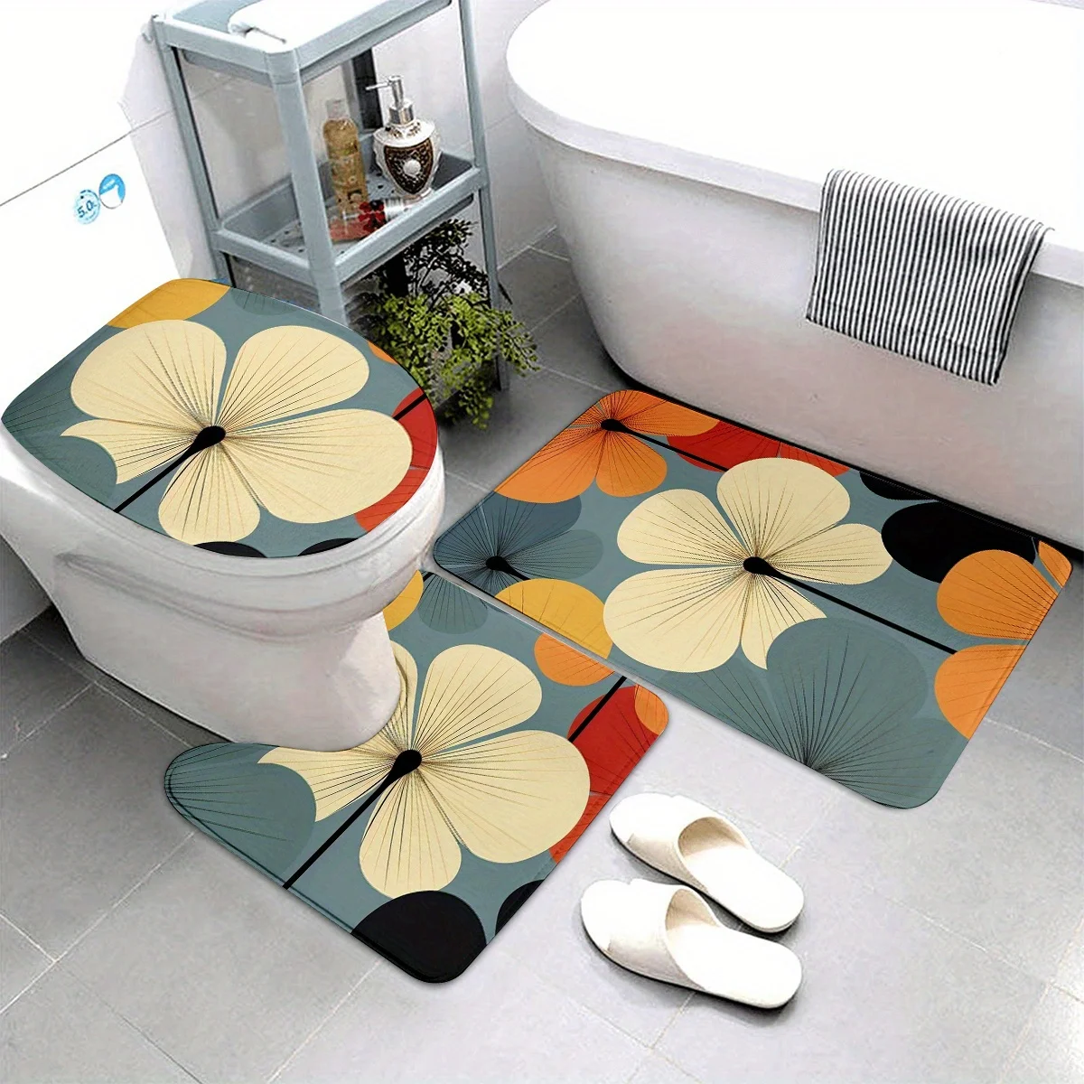 

3pcs fashionable floral print design bathroom rug set, made of high-quality flannel fabric, soft, comfortable and washable, suit