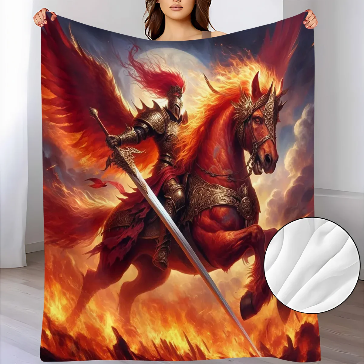 A Soft And Warm Fleece Blanket Featuring a Running Warrior And a Fire Horse Pattern, Perfect for Use on The Sofa, for Home Relax