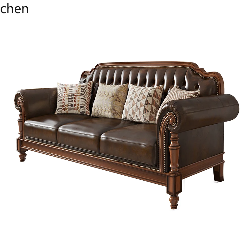 HT retro solid wood leather sofa first layer cowhide combination living room villa furniture four people