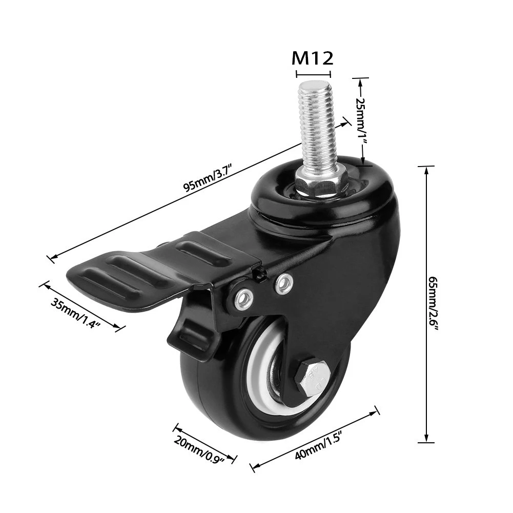 4 szt. Kółka obrotowe o dużej wytrzymałości M12 trzpień gwintowany z hamulcem kółko meblowe M8/M10 trzpień gwintowany