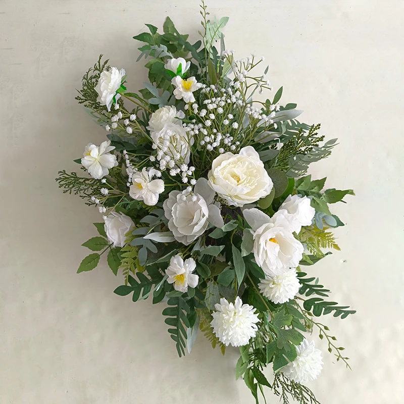 5D الأبيض الحدث الزفاف خلفية قوس Kt مجلس ديكور تشكيلة الأزهار النباتات الخضراء ورقة الورد Babysbreath الممر الطابق زهرة #2