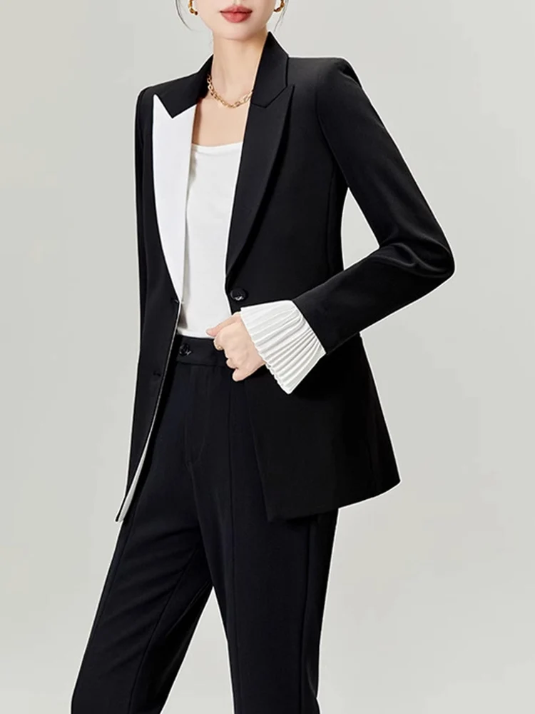 DEAT Two Piece Sets For Women Spliced Feather Lapel Long Sleeve Tops Elegant Solid Color Trousers Female Suits 2024 New 15KB4587