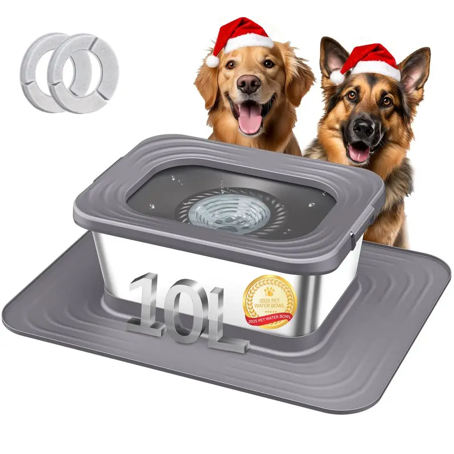 

10L Stainless Steel Dog Water Bowl, No Spill AntiSplash Dog Bowls with XXL Silicone Mat, SpillProof Slow Feeder for Messy Drinke