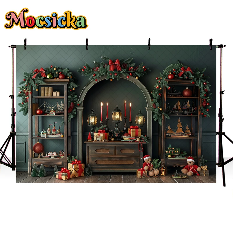 Mocsicka Photography Background Christmas Vintage Wooden Wall Window Xmas Tree Kids Family Portrait Decor Backdrop Photo Studio